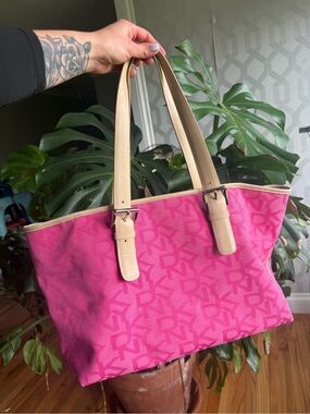 Y2K DKNY Pink Monogram Canvas Tote with Beige Leather Straps